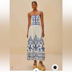 NWT FARM Rio White Maxi Dress with Blue Floral Embroidery